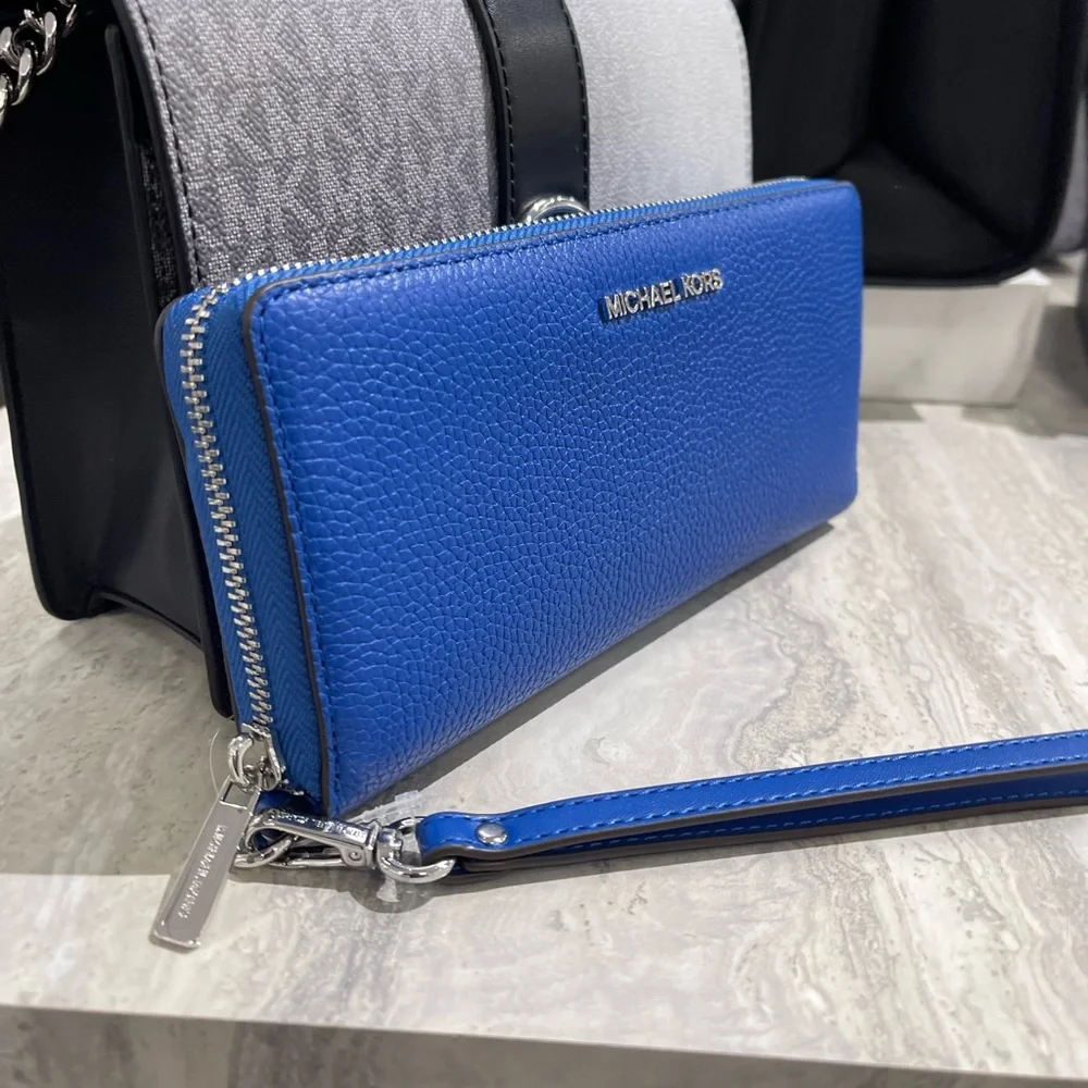 MICHAEL KORS Lg Pebbled Leather Continental Wallet Wristlet Phone Galaxy Blue